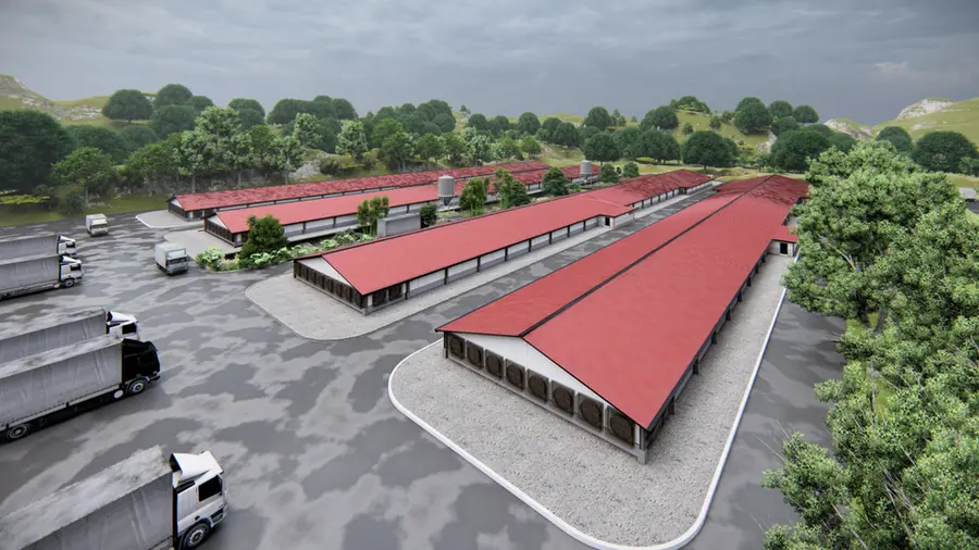 Aerial view of multi-building broiler farm complex