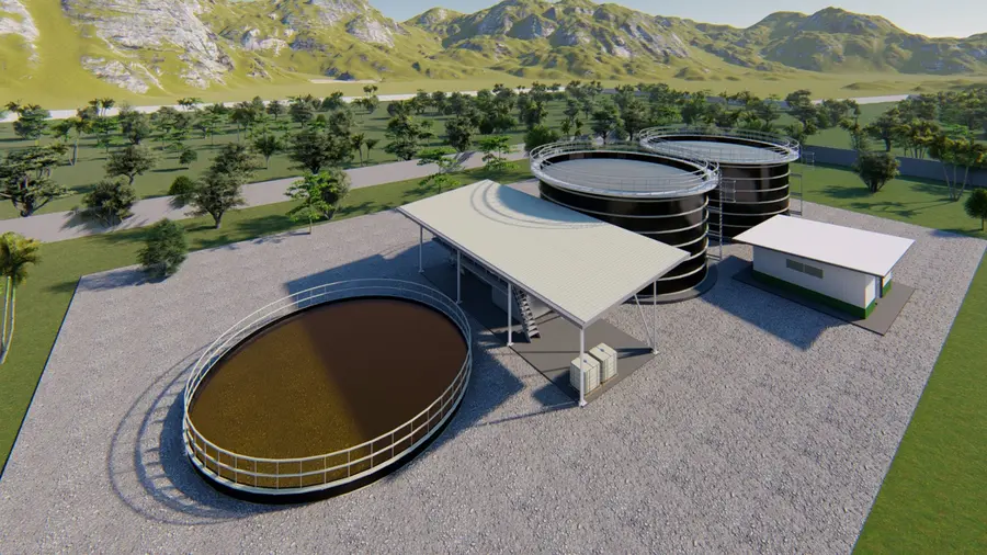 Wastewater treatment storage tanks at sunrise